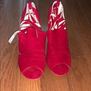 Red lace up block heels